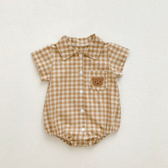 Summer Arrival Baby Boys Plaid and Teddy Bear Pattern Short Sleeves Onesies with Turn-down Collar