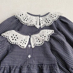Lace Collar Grid Pattern Long Sleeve Bodysuit OR Dress For Toddler