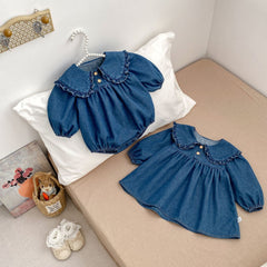 Spring Baby Girls Blue Denim Long-sleeved Onesies or Dress