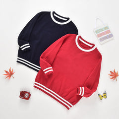 Baby Solid Color Striped Hem Design O-Neck Knit Sweater