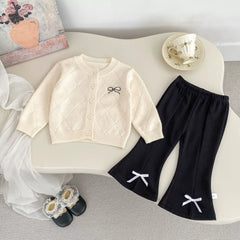 Spring and Autumn Kids Girls Argyle Pattern Long Sleeves Cardigan and Pants Clothing Set