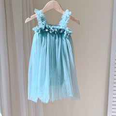 Summer Baby Kids Girls Sleeveless 3D Flowers Mesh Strap Dress