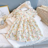 Baby Girl Floral Print O-Neck Puff-Sleeved Short Dress