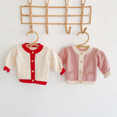 Baby Girl Contrast Pattern Buttoned Front Puff Sleeve Knitted Cardigan