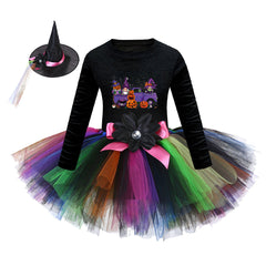 Arrival Girls’ Halloween Costume: Long Sleeves Cartoon Printed Witches Cosplay Party Tulle Patchwork Dress with Hat Set