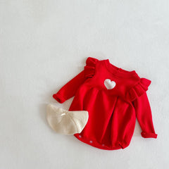 Baby Girl Heart Embroidered Pattern Ruffle Long Sleeve Knit Onesies