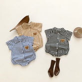 Summer Arrival Baby Boys Plaid and Teddy Bear Pattern Short Sleeves Onesies with Turn-down Collar