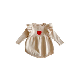 Baby Girl Heart Embroidered Pattern Ruffle Long Sleeve Knit Onesies