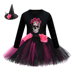 Arrival Girls’ Halloween Costume: Long Sleeves Cartoon Printed Witches Cosplay Party Tulle Patchwork Dress with Hat Set