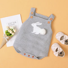 Baby Girl 3D Bunny Embroidered Graphic Strap Knitted Onesies Bodysuit