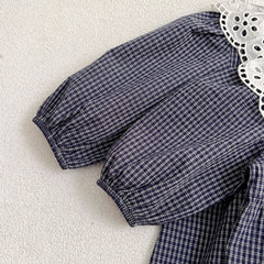 Lace Collar Grid Pattern Long Sleeve Bodysuit OR Dress For Toddler