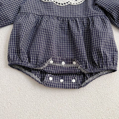 Lace Collar Grid Pattern Long Sleeve Bodysuit OR Dress For Toddler