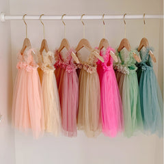 Summer Baby Kids Girls Sleeveless 3D Flowers Mesh Strap Dress