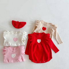 Baby Girl Heart Embroidered Pattern Ruffle Long Sleeve Knit Onesies