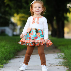 AnnLoren Girls Holiday Autumn Floral Ruffle Thanksgiving Dress & Leggings-3