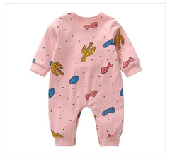 Baby Cactus & Dot Pattern Long Sleeves O-Neck Cotton Jumpsuit