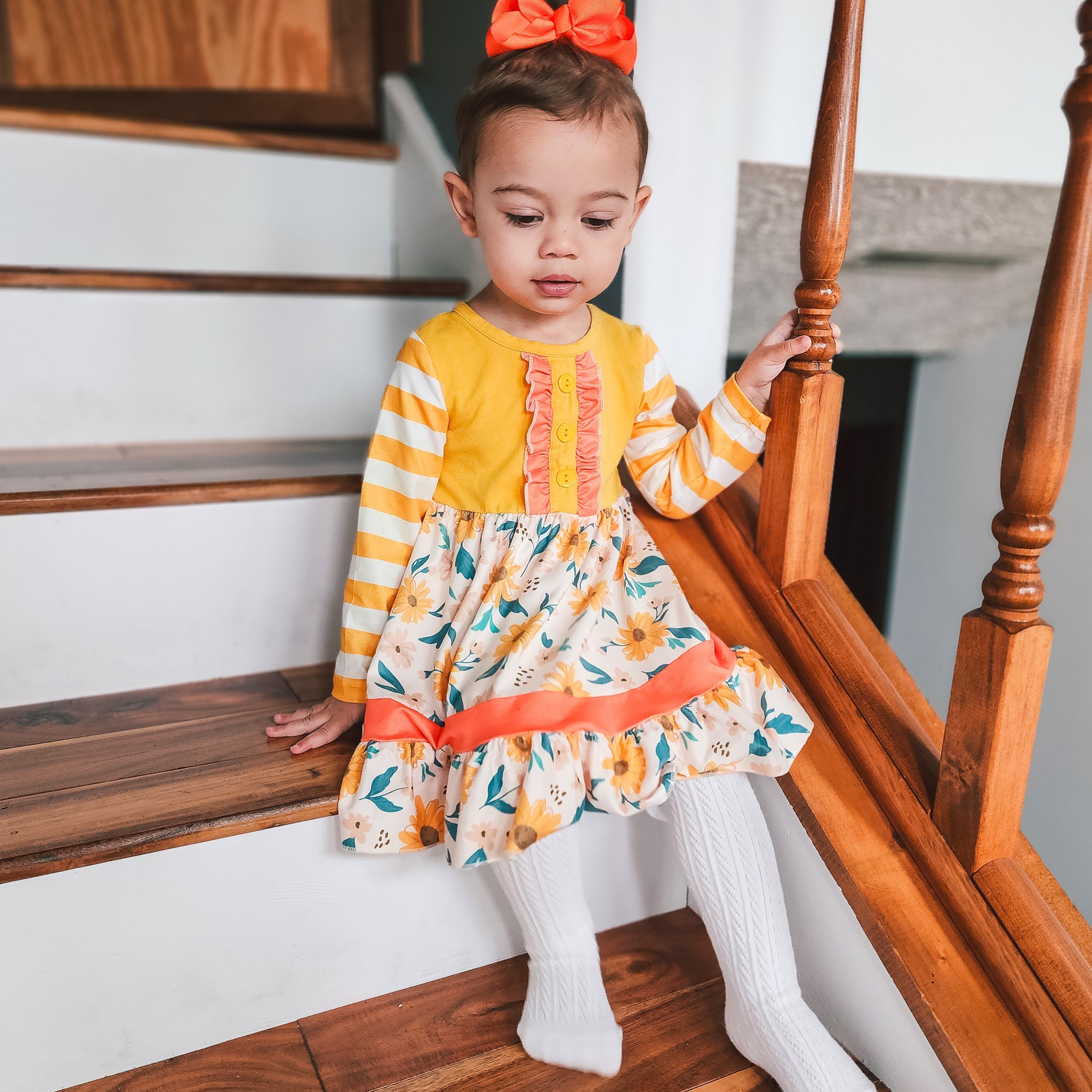 Girls Yellow & Orange Daisy Floral Fall Long Sleeve Dress-2