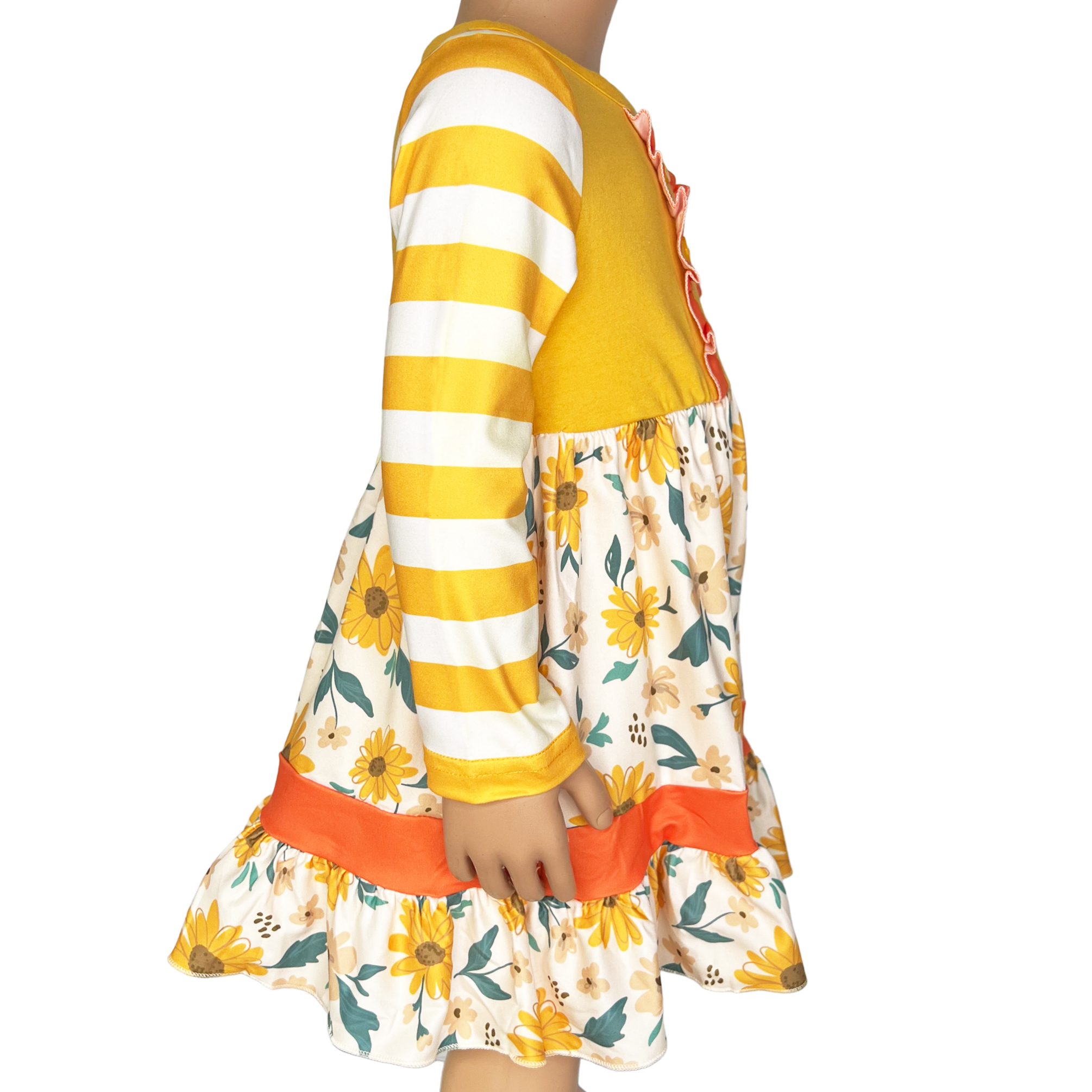 Girls Yellow & Orange Daisy Floral Fall Long Sleeve Dress-4