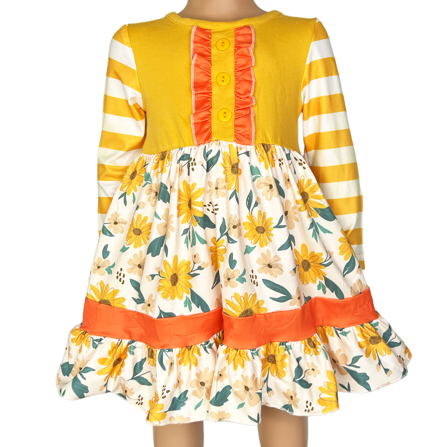 Girls Yellow & Orange Daisy Floral Fall Long Sleeve Dress-0