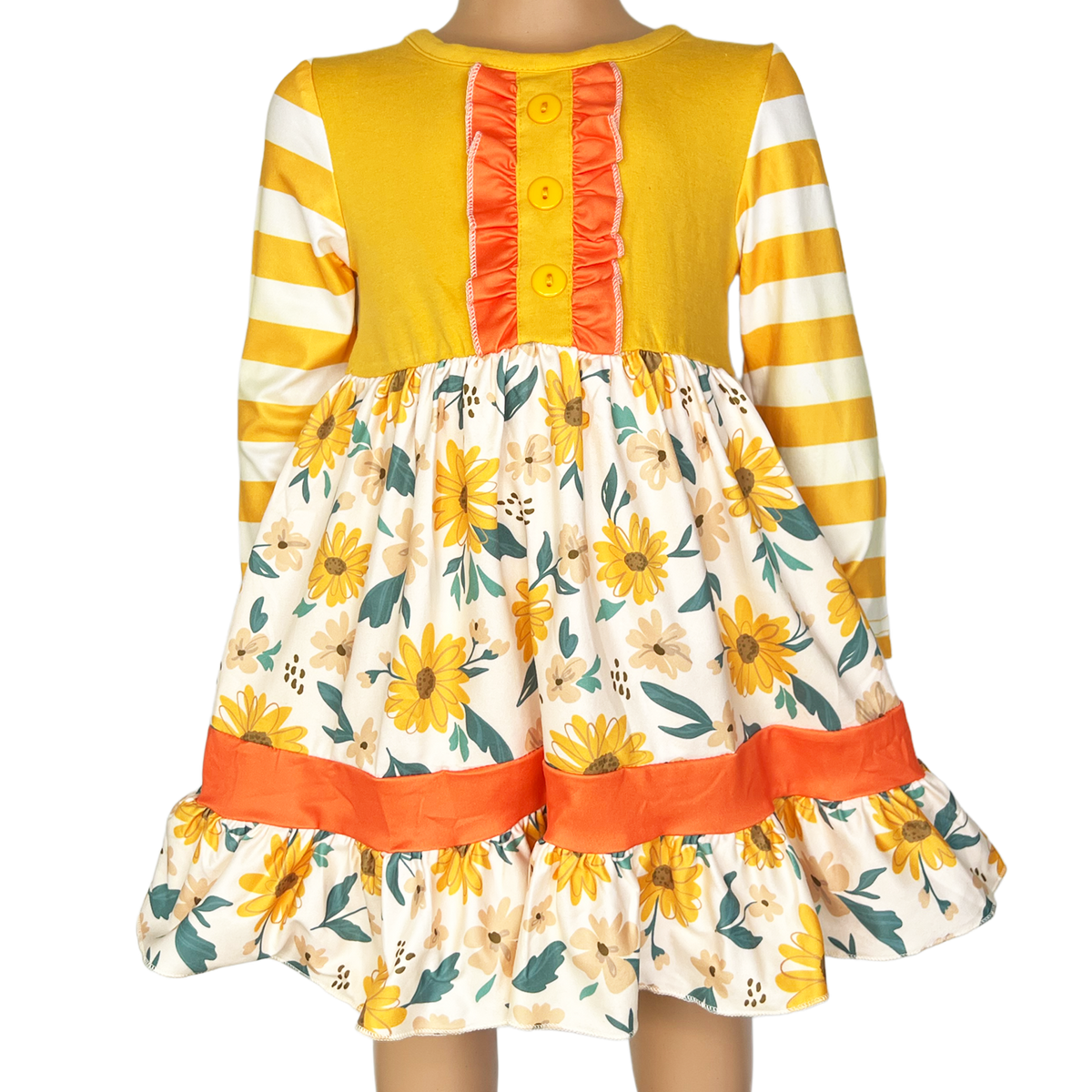 Girls Yellow & Orange Daisy Floral Fall Long Sleeve Dress-0