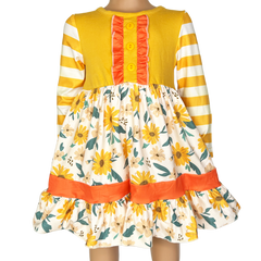 Girls Yellow & Orange Daisy Floral Fall Long Sleeve Dress-0