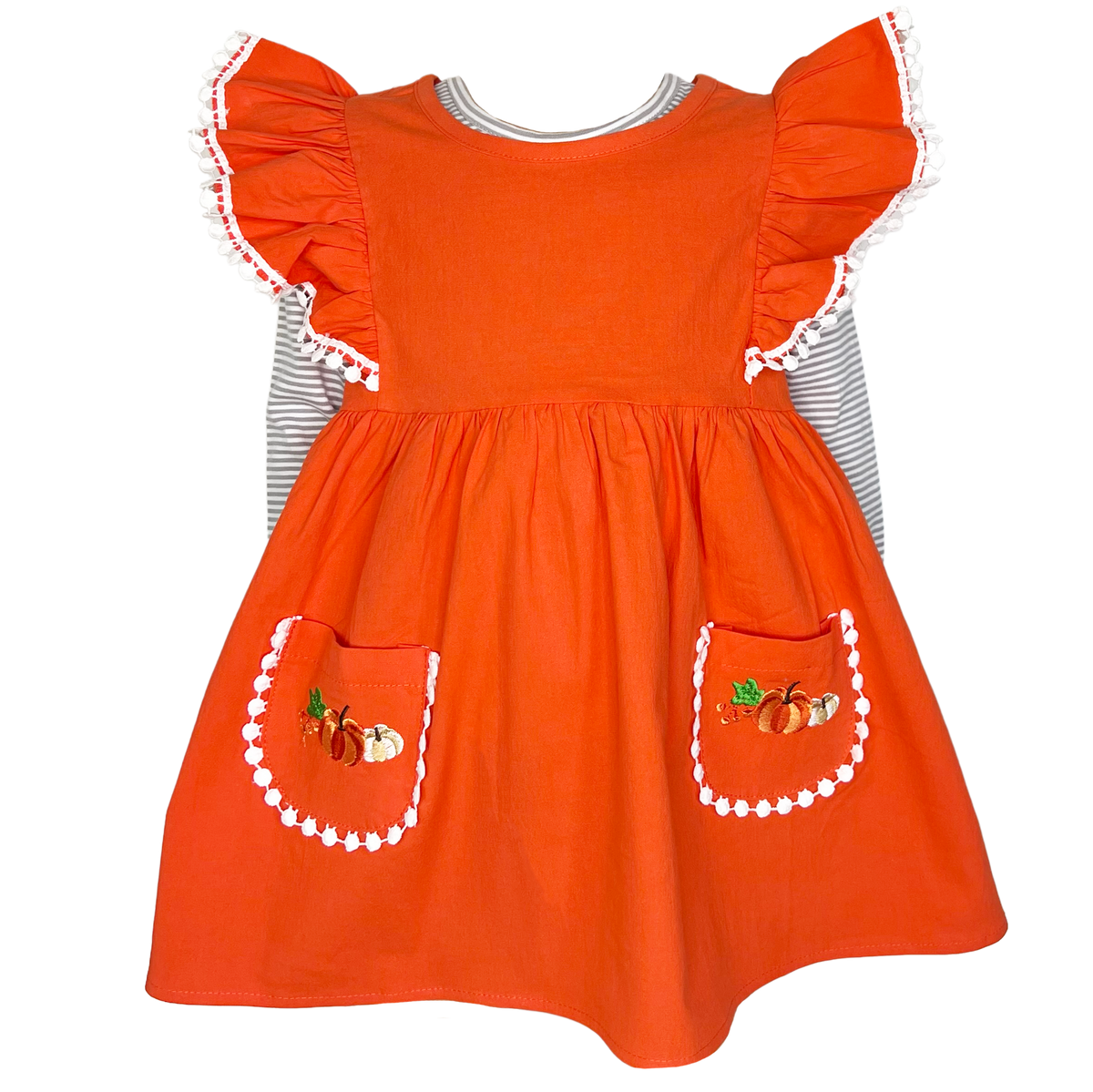 Girls Orange Fall Dress Pockets Long Sleeves Thanksgiving Party Dress-0