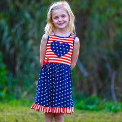 AnnLoren Girls 4th of July Stars & Striped Heart Dress Red White & Blue-2