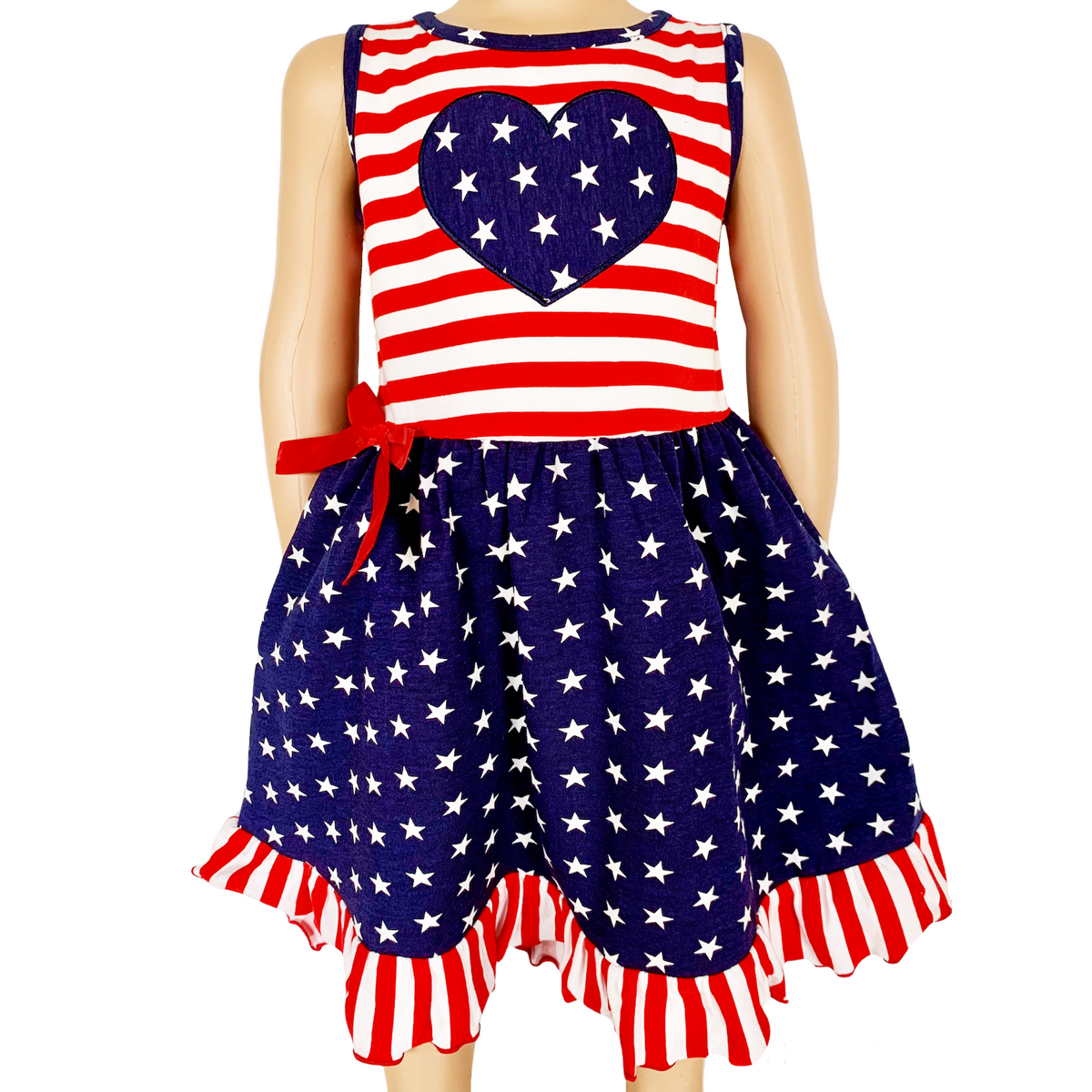 AnnLoren Girls 4th of July Stars & Striped Heart Dress Red White & Blue-0