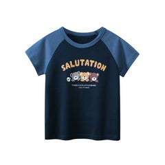 Boys Animal And Letters Print Color Patchwork T-Shirt In European And American Style