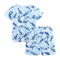Summer Baby Kids Blue Dinosaurs Pattern T-shirt and Shorts Casual Clothing Set for Boys