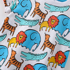 Summer Baby Kids Cartoon Lions and Elephants Pattern T-shirt and Shorts Clothing Set for Boys