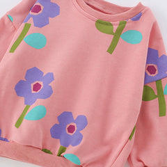 Spring and Autumn Girls Floral Pattern Long Sleeves Pullover and Blue Pants Clothing Set