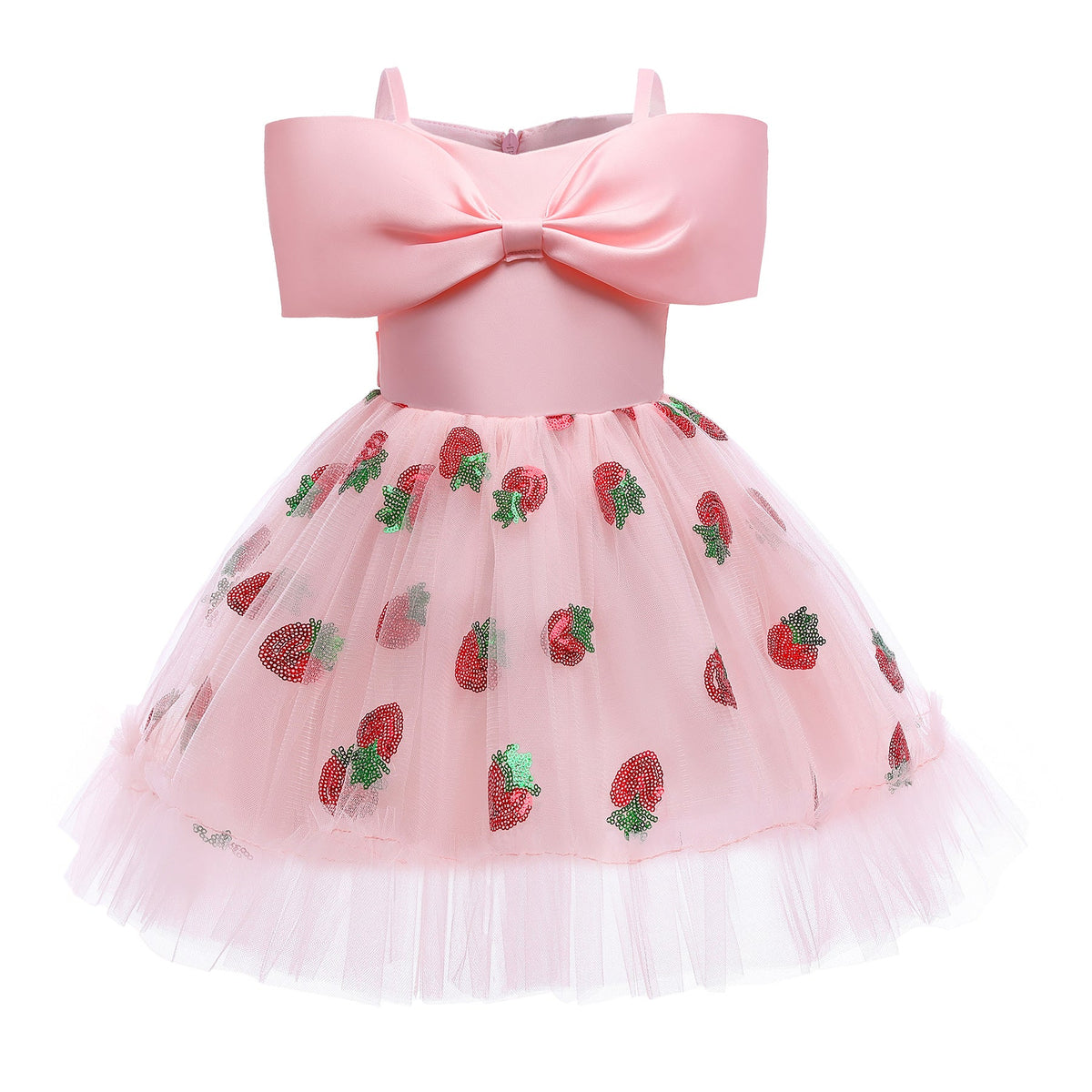 Baby Girl Strawberry Sequins Pattern Bow Tie Design Sling Tutu Formal Dress