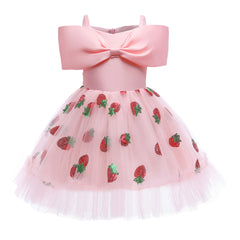 Baby Girl Strawberry Sequins Pattern Bow Tie Design Sling Tutu Formal Dress