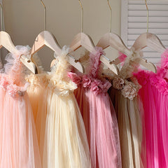 Summer Baby Kids Girls Sleeveless 3D Flowers Mesh Strap Dress