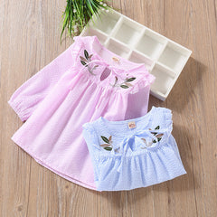 Baby Girl Embroidery Pattern Bow Tie Design Striped Long Sleeve T-Shirt