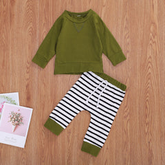 Baby Boy Solid Color Hoodie Combo Striped Pattern Trousers Sets