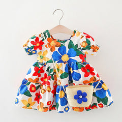 Baby Floral Pattern Short Sleeve Crewneck Dress with Purse