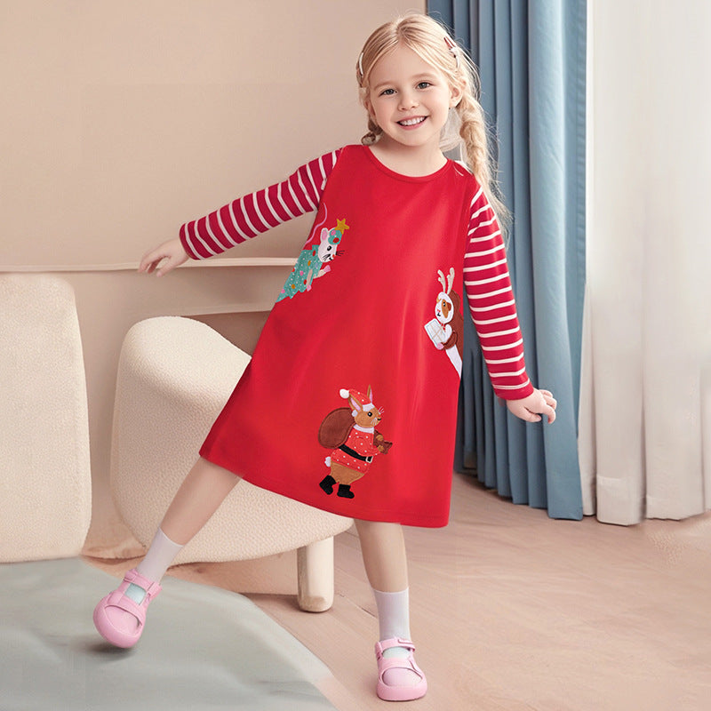 Autumn and Spring Arrival Christmas Cartoon and Striped Pattern Long Sleeves Crew Neck Dress for Stylish Girls