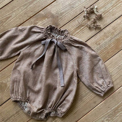 Arrival Baby Girls Vintage Floral/Plain Bow-Tie Lantern Sleeves Onesie