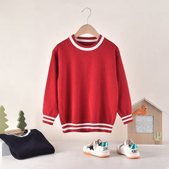 Baby Solid Color Striped Hem Design O-Neck Knit Sweater
