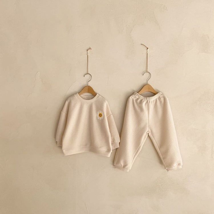 Baby Solid Color Sunflower Patched Pattern Hoodies With Pants Sets