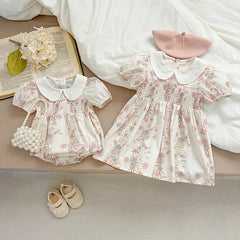 Arrival Summer Girls Peter Pan Collar Short Sleeves Floral Print Onesies And Dress – Princess Sister Matching Set