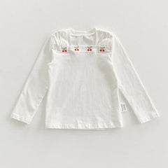 Autumn Design Kids Girls Square Neck Long Sleeves Cherry Embroidery Pattern Top Shirt