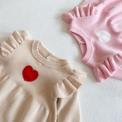 Baby Girl Heart Embroidered Pattern Ruffle Long Sleeve Knit Onesies