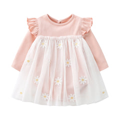 Baby Girls Floral Lace Patchwork Design Ruffle Long-Sleeved Dress Onesies In Spring & Autumn