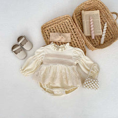 Baby Girls Long Sleeves Embroidery Lace Trim Onesie