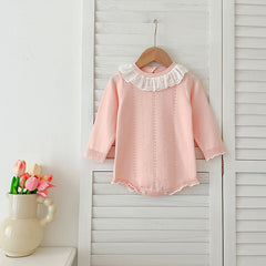 Autumn Design Baby Girls Long Sleeves Hollow-out Striped Pattern with Cute Collar Onesies