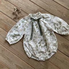 Arrival Baby Girls Vintage Floral/Plain Bow-Tie Lantern Sleeves Onesie