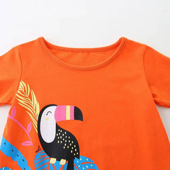 Summer Hot Selling Cute Bird Cartoon Pattern Short Sleeves Dress for Stylish Girls